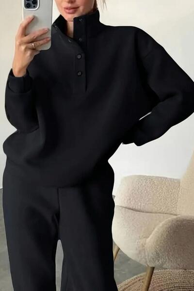 Mossta Mock Neck Button Three Thread Blouse Pants Double Suit - Black