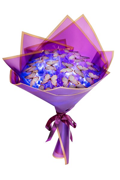 Tosbiş Led Işıklı Mor Kelebek Buketi Sevgiliye Hediye Doğum Anneler Günü Yapay Çiçek Solmayan Anneye