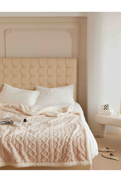 JOJO HOME Warm cocolino blanket, knitted pattern, 200x230cm, Cream