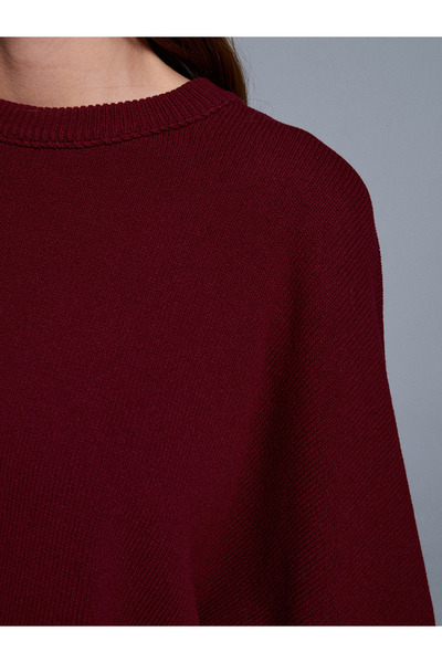 Dilvin 10835 Crew Neck Batwing Sleeve Sweater-Burgundy