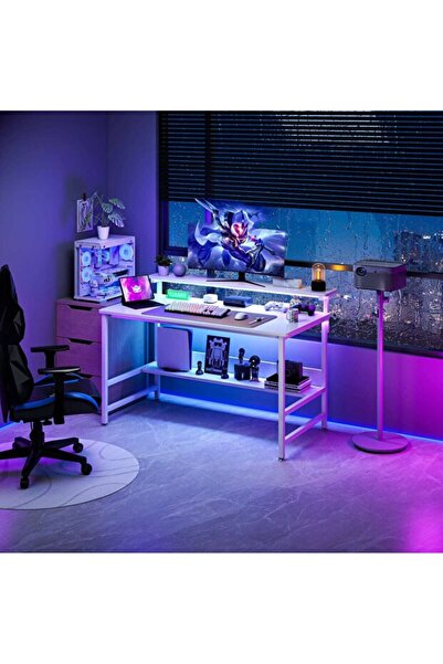 Chuma Study Desk with Monitor Stand & Bookshelf, Office Desk with Under-Desk Storage