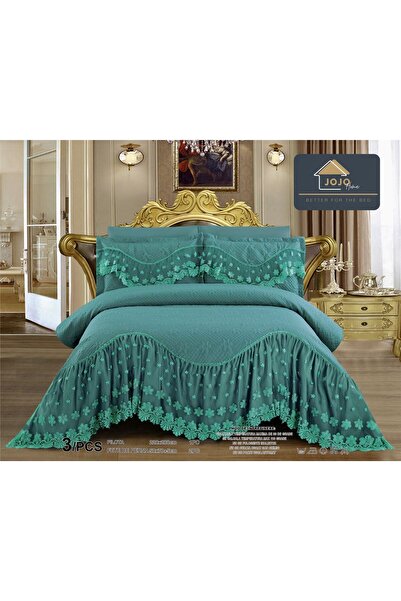 JOJO HOME Duvet Cover and 2 Pillowcases, with Embroidered Ruffles, 3 Pieces, 220X280cm, Turquoise