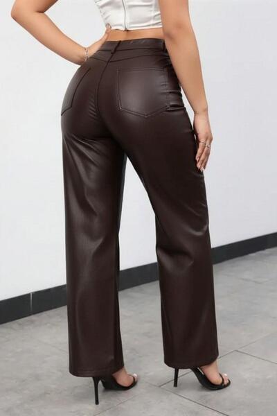Mossta Ψηλόμεσο Δερμάτινο Παντελόνι - Καφέ
