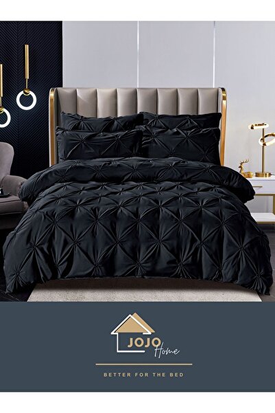 JOJO HOME Premium bedding set, 230x250cm, 6 pieces, with embroidered pleats, Black