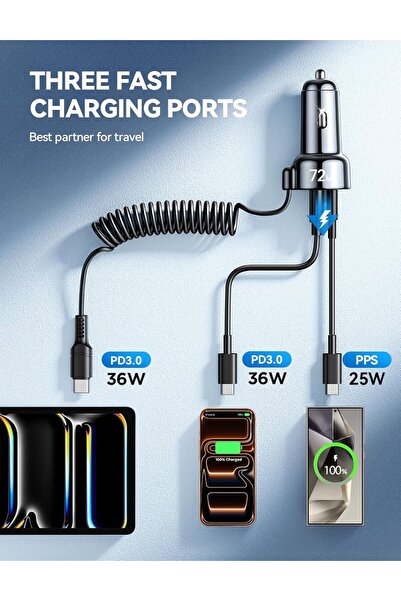 Mobile Chargers USB C 72W Car Charger w/ 5ft 36W Coiled Cable – FLYLEAD (PD & QC3.0, Multi-Port, LED)