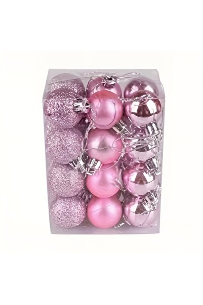 Elfora Pembe Cici Toplar 24 Adet Yılbaşı Çam Ağacı Süsü Asma Süs Parlak Mat Simli Top Yeni Yıl Süsü