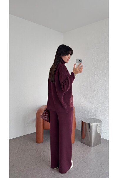 manana fashion Paraşüt Paneled Premium Plum Knitwear Cardigan Trousers Set