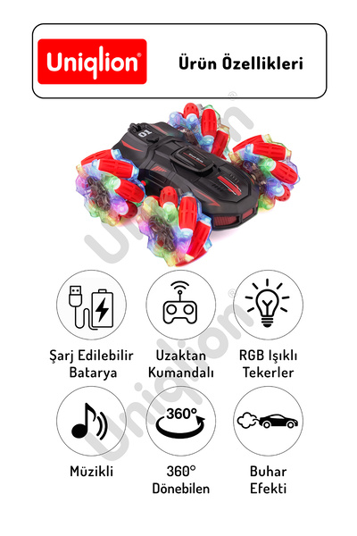 Uniqlion Bilek Sensörlü Uzaktan Kumandalı Çift Yönlü 360 Dönebilen RGB Işıklı Akrobat Araba