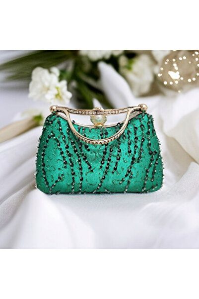 Telli Art Zümrüt Yeşili Boncuklu El Çantası - Özel Tasarım Işıltı