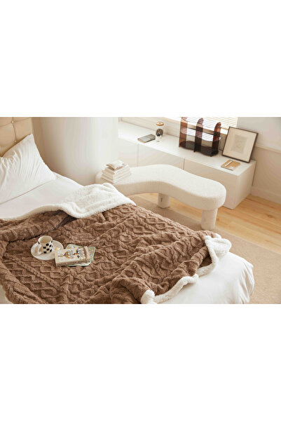 JOJO HOME Warm cocolino blanket, knitted pattern, 200x230cm, Brown