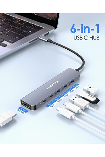 LENTION USB C Hub, 6-in-1 USB-C Multiport Adapter with 4K HDMI, USB-C Data, 3x USB3.0, 100W PD (Spac