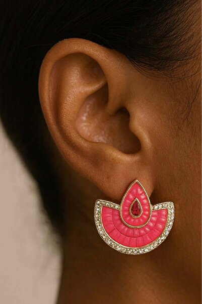 TAKIŞTIR أقراط مرصعة بالأحجار باللون الذهبي والوردي (زوج)