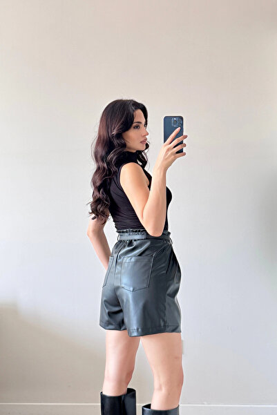 Eka Women's Black Elastic Belted Leather Shorts 30321