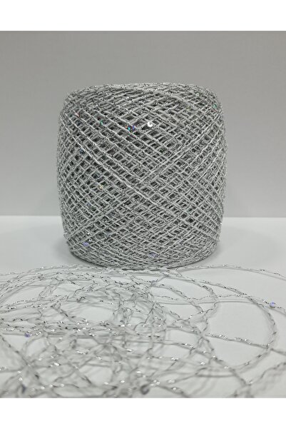 İPLİKOUTLET Beyaz Üzeri Gümüş Simli Hologram Pullu İp 200 Gram