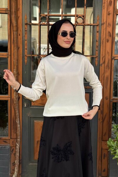 Kayra Sleeve and Collar Piped Plain Basic Knitwear Sweater Ka-Sz-Trk14