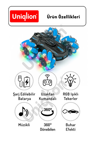 Uniqlion Bilek Sensörlü Uzaktan Kumandalı Çift Yönlü 360 Dönebilen RGB Işıklı Akrobat Araba
