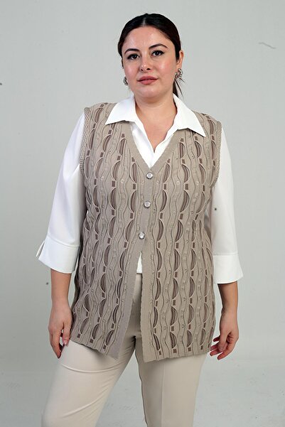 By Saygı Women's Buttoned Front Lace-Like Knit Plus Size Knitwear Vest