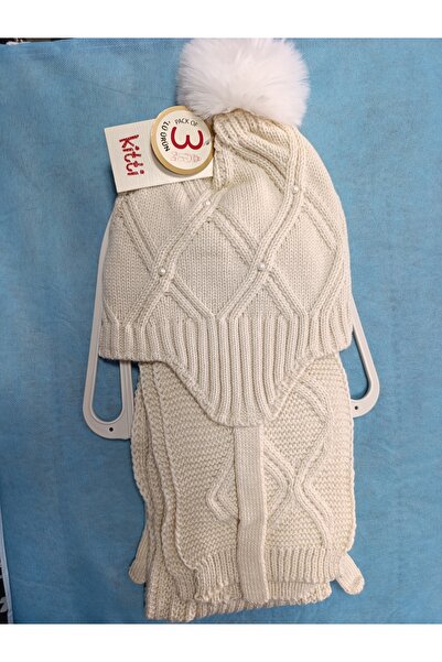 Kitti Scarf, Beret, and Gloves 3-Piece Set for Girls Aged 4-8 with Pearl Stones.