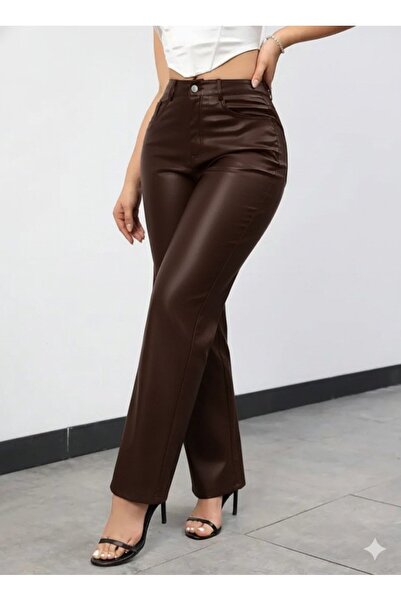 MODA Fashion yüksek bel cepli deri cool kadın pantolon