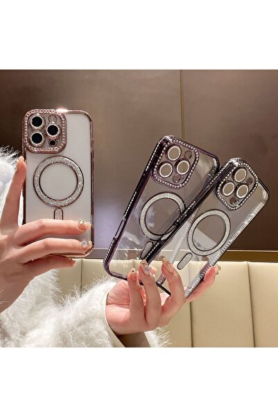 Nezih Case Apple iPhone 16 Pro Max Uyumlu Taşlı Magsafe Şarj Özellikli Kamera Korumalı Simli Kılıf