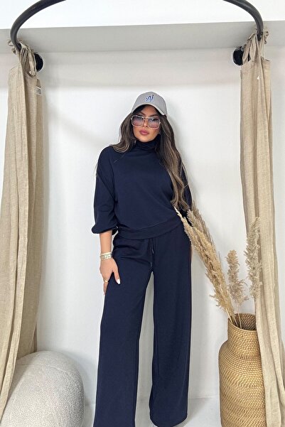 Sohotique By P Modal Fabric Collar Zippered Tracksuit Set Navy Blue