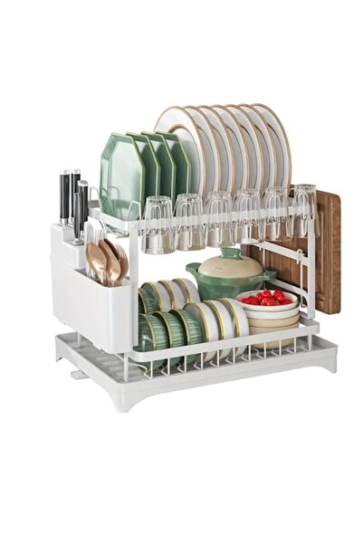 iTin Dish drainer with drainer support, 2 levels, removable tray, quick assembly, white