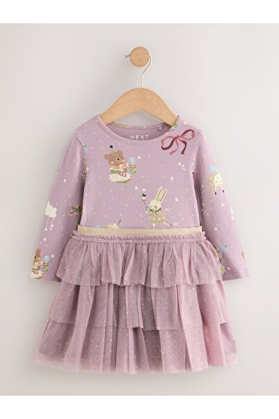 Next Baby Pamuklu Lila Hayvan Desenli Uzun Kollu Tütülü Elbise