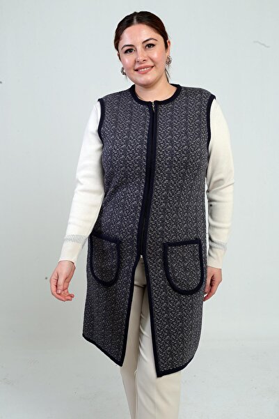 By Saygı Γυναικείο μακρύ πλεκτό γιλέκο με φερμουάρ μπροστά και με σχέδιο, μεγάλο μέγεθος