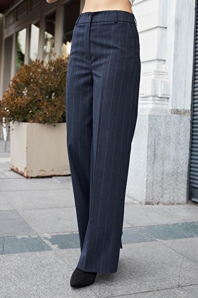 Jument Women's High Waist Side Pockets Wide Leg Palazzo Lightweight Stretchy Fabric Pants-Navy Blue Thick Line