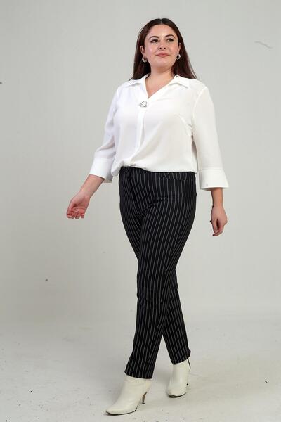 By Saygı Women's Long Striped Pocketed Plus Size Scuba Pants