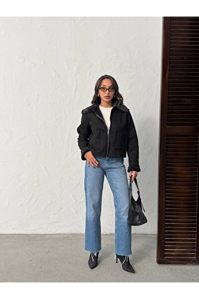 VELZANA Black Rabbit Fur Suede Coat Jacket