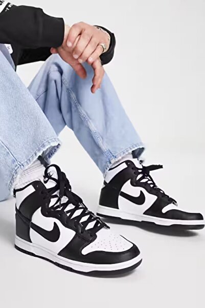 Nike Dunk Panda Hıgh Retro Erkek Siyah-Beyaz Deri Bilekli Spor Ayakkabı