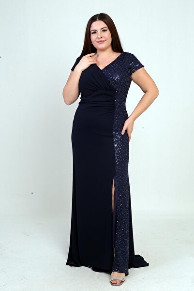 By Saygı Women's Double-Breasted Collar Lined Side Bead Paneled Plus Size Long Chiffon Dress