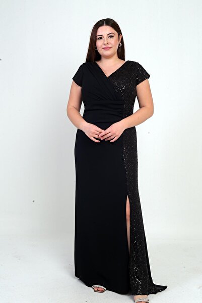 By Saygı Women's Double-Breasted Collar Lined Side Bead Paneled Plus Size Long Chiffon Dress