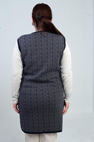 By Saygı Women's Front Zippered Pocketed Patterned Plus Size Long Knit Vest