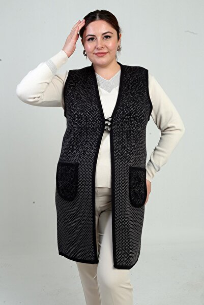 By Saygı Women's Front 3 Button Mini Plus Pattern Large Size Pocketed Knitwear Long Vest