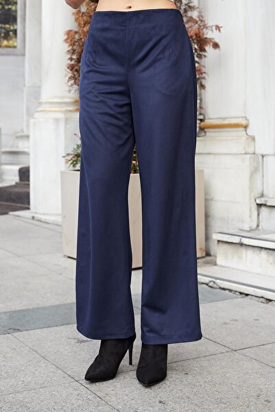 Jument Women's Suede Textured Fabric High Waist Side Pockets Elastic Waist Wide Leg Palazzo Pants - Navy Blue