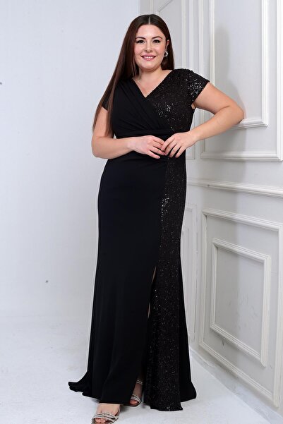 By Saygı Women's Double-Breasted Collar Lined Side Bead Paneled Plus Size Long Chiffon Dress