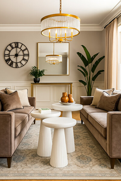 Simillo Home&Living Wood Ahşap Beyaz 3’lü Set Mantar Yan Sehpa Fiskos / Woode...