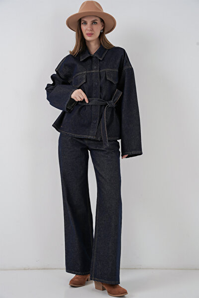 Bigdart Jachetă pentru femei Pantaloni Blugi Set dublu 30059 - Albastru închis