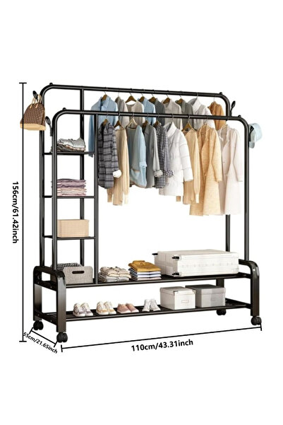 Cozara Double-rod freestanding clothes rack with wheels, featuring a five-tier storage shelf, Black