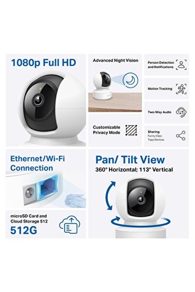 TP-LINK Tapo C202 1080p FHD İç Mekan Wifi Güvenlik Kamerası Hareket Tespit 360D 9mm Ethernet Girişli