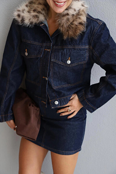 Purple by Banu Lacivert Leopar Kürk Yaka Jean Ceket