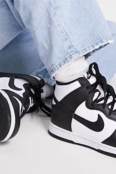Nike Dunk Panda Hıgh Retro Erkek Siyah-Beyaz Deri Bilekli Spor Ayakkabı