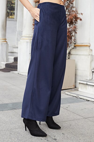 Jument Women's Suede Textured Fabric High Waist Side Pockets Elastic Waist Wide Leg Palazzo Pants - Navy Blue
