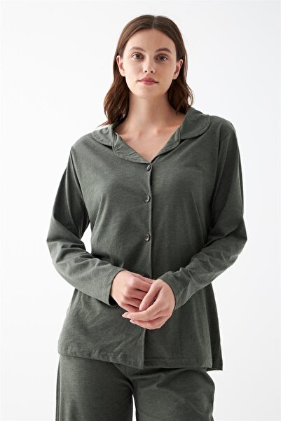 Celira Women's Khaki Buttoned Cotton Pajama Set Nkl0066