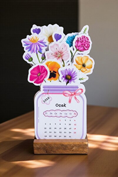 birikiyedi 2026 Ahşap Ayaklı Çiçekli Özel Tasarım Takvim 2026 Masa Üstü Takvim/Dekoratif Hediye Seçeneği
