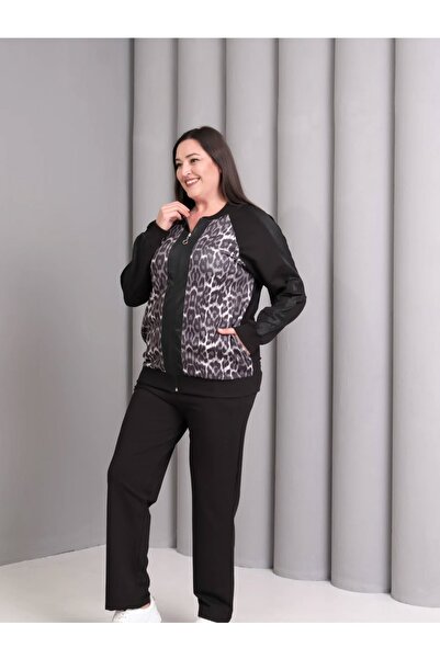 PARKDERİN Women's Plus Size Leopard Paneled Zipper Tracksuit Set