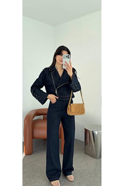 ossons Lace Detailed Zippered Denim Suit