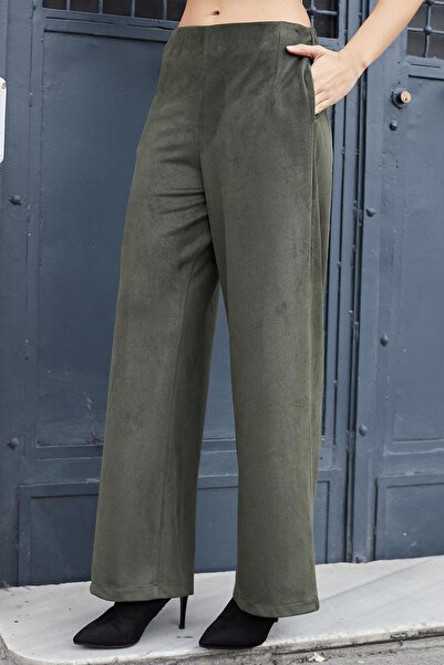 Jument Women's Suede Textured Fabric High Waist Side Pockets Elastic Waist Wide Leg Palazzo Pants - Khaki